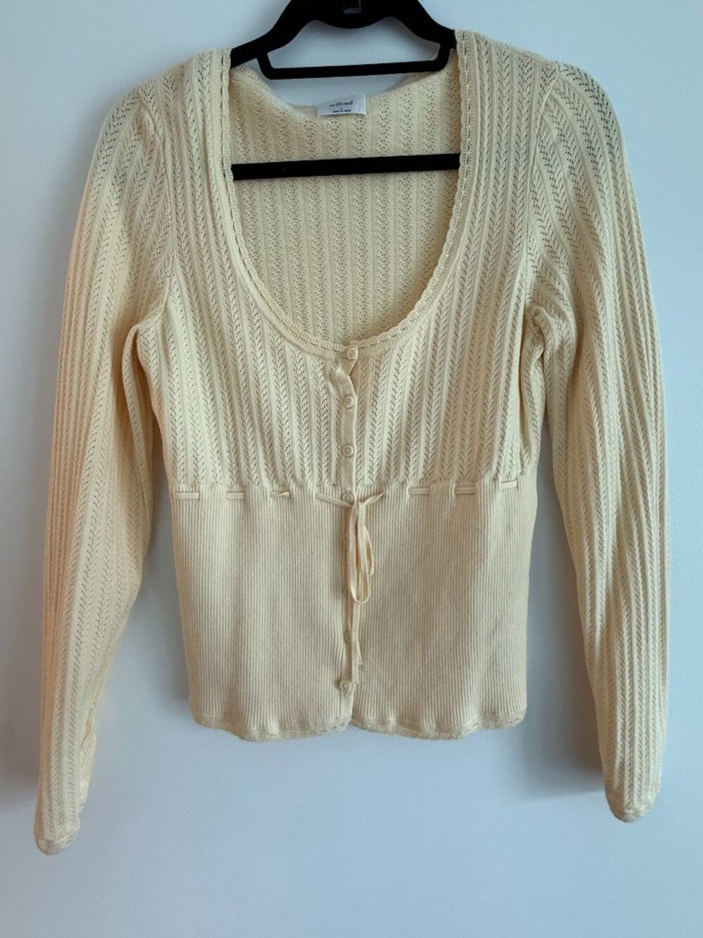 Aritizia Cream Textured Knit Polo Top Gold Button Detail